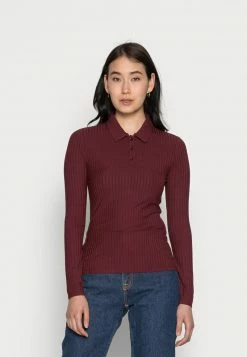 Anna Field RIBBED POLO LONGSLEEVE - Camiseta De Manga Larga - Dark Red, Mujer
