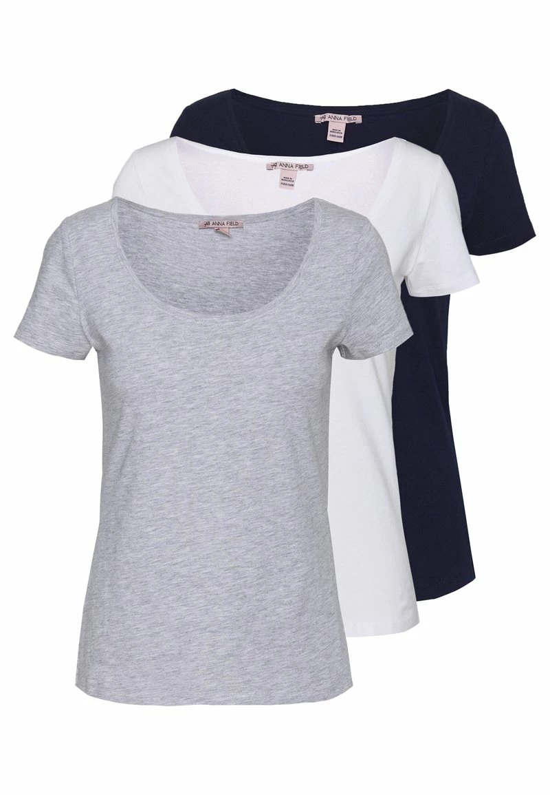 Anna Field 3 PACK - Camiseta Básica - White/navy/light Grey Melange, Mujer 3 Anna Field 3 PACK - Camiseta Básica - White/navy/light Grey Melange, Mujer
